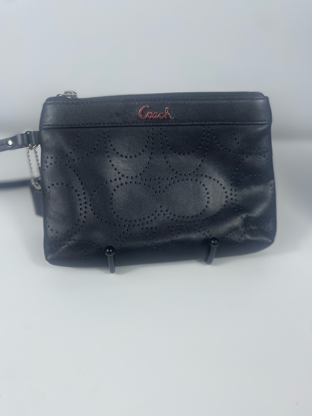Coach Ashley Perforated Black Leather Signature C Wristlet